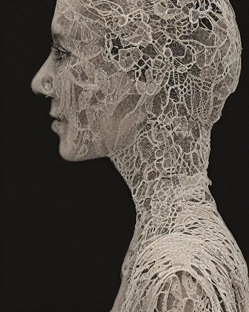 Image similar to a woman's face in profile, made of intricate lace skeleton, in the style of the dutch masters and gregory crewdson, dark and moody