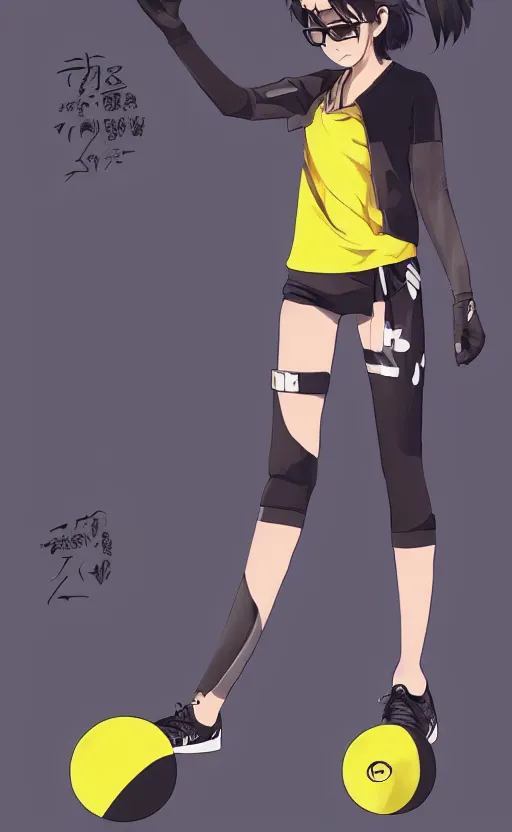 Prompt: character design, manga style, realistic lighting, futuristic solid colors, made by ilya kuvshinov, sold on sukebannyc, from arknights, female beach volley player, elegant, yellow yellow lens futuristic glasses, sport clothing, sneaker shoes, simple background