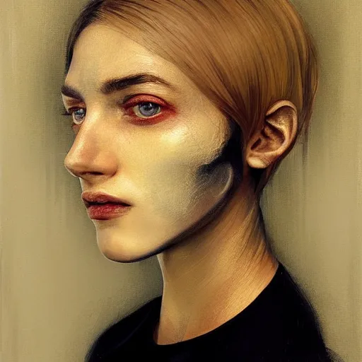 Image similar to surreal portrait of a woman by Greg Rutkowski, symmetrical face, she is about 30 years old, she is about 30 years old, pretty, blond hair with two strans around her face, slavic features, melancholic gaze, pretty aquiline nose, transformed into a kind of biomechanical transhuman goddes, uncany but fascinating, sad but determined look, cosmic void background, frightening, fascinating, highly detailed portrait, digital painting, book cover, artstation, concept art, smooth, sharp foccus ilustration, Artstation HQ