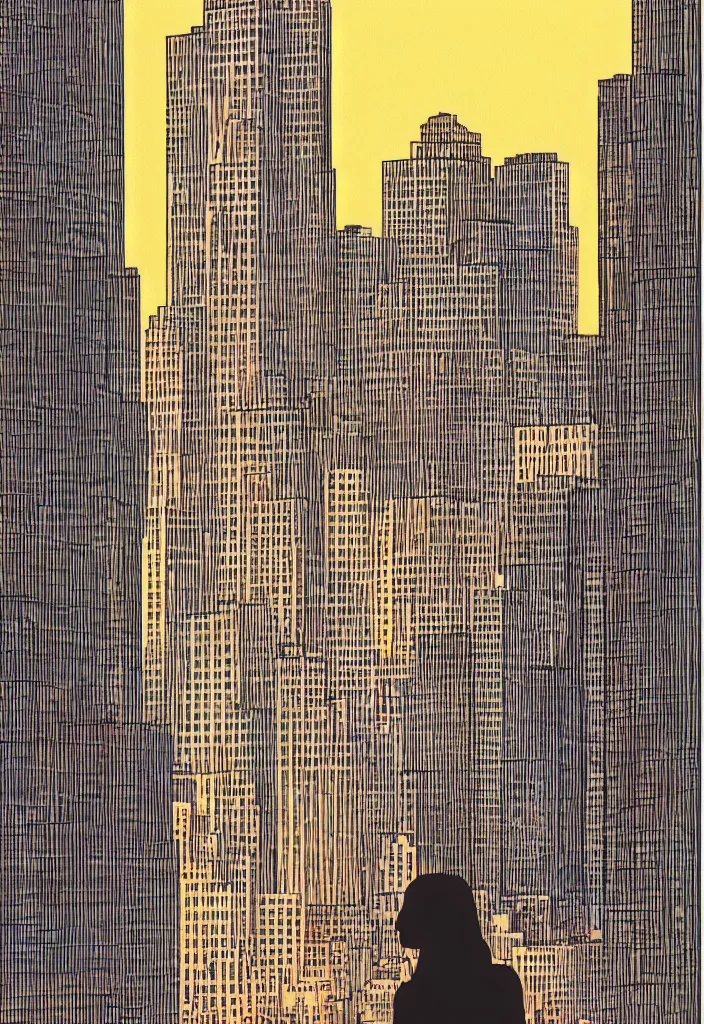 Prompt: a woman looking up at a large towering building in new york, sunset, golden hour, very detailed, illustration, by adrian tomine