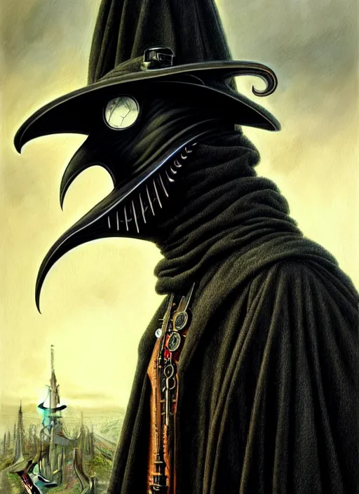 Image similar to portrait of plague doctor, hyper detailed masterpiece, dystopian background, jean giraud, digital art painting, darkwave goth aesthetic, lovecraftian, artgerm, donato giancola and tom bagshaw