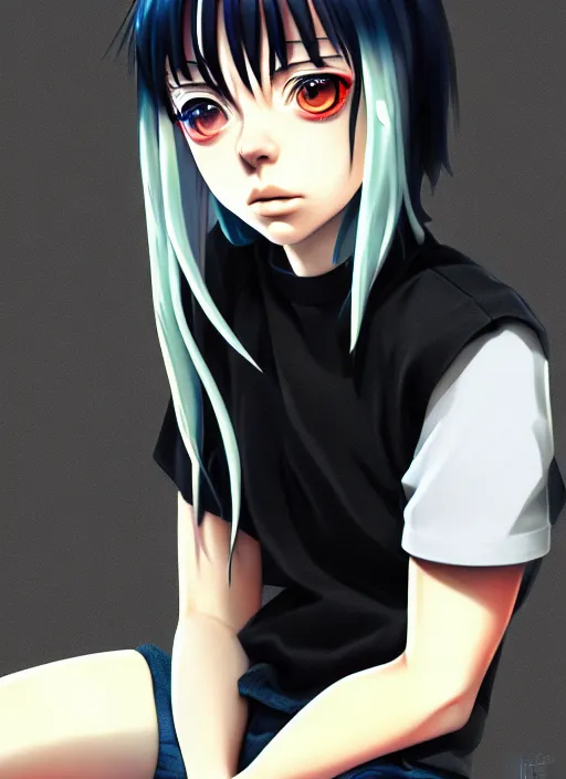 Image similar to a potrait of billie eilish as an anime, fine, realistic, shaded, lighting, ilya, kuvshinov, katsuhiro, artgerm, jeremy, lipkin, michael, garmash detailed digital art, radiant, light, detailed, intricate, environment