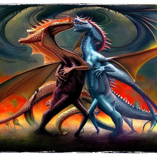 Prompt: dance with dragons, artstation hall of fame gallery, editors choice, #1 digital painting of all time, most beautiful image ever created, emotionally evocative, greatest art ever made, lifetime achievement magnum opus masterpiece, the most amazing breathtaking image with the deepest message ever painted, a thing of beauty beyond imagination or words