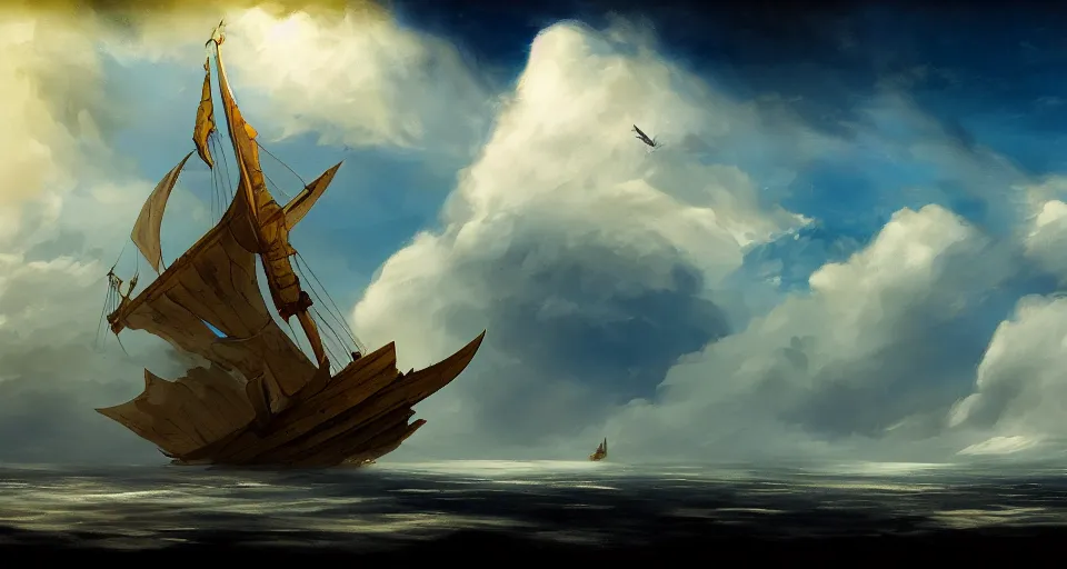 Prompt: a large wooden fantasy sky - ship with horizontal sails flying through the clouds with blue sky, andreas rocha style