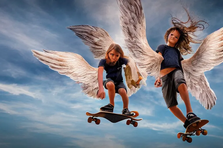 Image similar to angels skateboarding in heaven, 4 k hdr, high resolution, smooth, sharp focus, award - winning photo