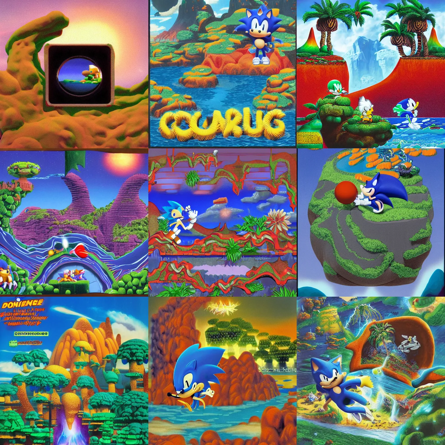 Prompt: sonic hedgehog dreaming of puffy closeup portrait colossal claymation scifi matte painting landscape of a surreal lava, retro moulded domineering craven chubby soggy roomy noxious fluttering checkerboard background 1 9 8 0 s 1 9 8 2 sega genesis video game album cover
