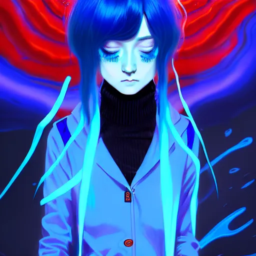 Image similar to blue slime swirling around rimuru tempest with black wings, enveloped in ghosts, sky blue straight hair, bangs, with amber eyes, red tailcoat, high collar, ultra fine detail, dark theme, digital painting, psychedelic, cinematic, wlop, pixiv, ilya kuvshinov, ross tran