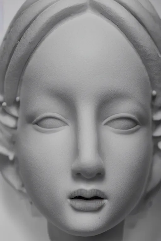 Image similar to close up of full head and shoulders, beautiful female porcelain sculpture by daniel arsham and raoul marks, smooth, all white features on a white background, delicate facial features, white eyes, white lashes, all twisted around, detailed white 3 d giant poppies on the head