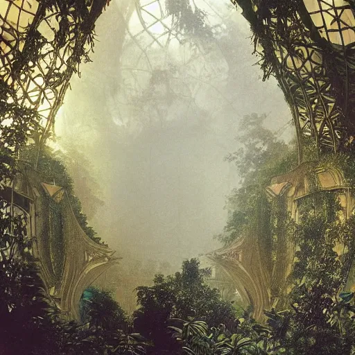 Image similar to 1 9 0 0 s photo overgrown zaha hadid alphonse mucha spaceship symmetry godrays haze ruins in jungle dripping sunlight