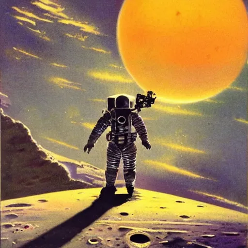 Prompt: crusader standing on the moon, vintage sci - fi art, by bruce pennington