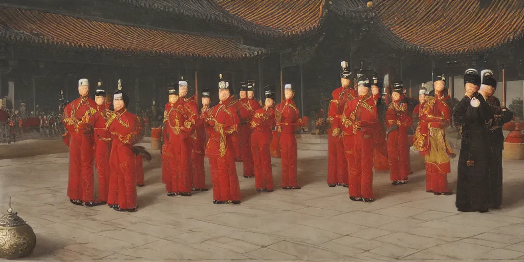 Image similar to Highly detailed and cinematic romantic period oil painting of Imperial Chinese palace guards bowing to the Chinese emperor, strong atmosphere, oil painting masterpiece by Josep Tapiró Baró, symmetry, fractals