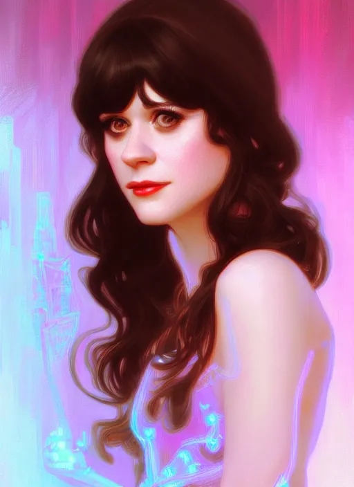 Prompt: portrait of zooey deschanel!, intricate, elegant, glowing lights, highly detailed, digital painting, artstation, glamor pose, concept art, smooth, sharp focus, illustration, art by wlop, alphonse mucha and craig mullins