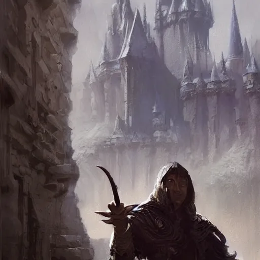 Prompt: portrait of a warlock, dungeons and dragons character, castle background, gorgeous view, realistic, high detail, digital art, painted by greg rutkowski, painted by jeremy mann, trending on artstation