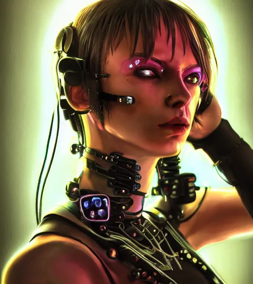 Image similar to detailed realistic cyberpunk female character cyberpunk wearing steel collar around neck, realistic, art, beautiful, 4K, collar, choker, collar around neck, punk, artstation, detailed, female, woman, choker, cyberpunk, neon, punk, collar, choker, collar around neck, thick collar, choker around neck, wearing choker, wearing collar, bright neon punk hair,