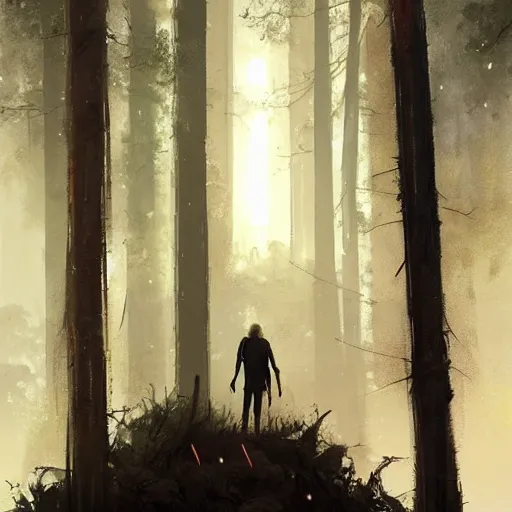 Image similar to concept art by greg rutkowski, a very tall and slender young man walking with a very tall and slender woman through a forest of giant trees, dark atmosphere, surrounded by fireflies, detailed portraits, disturbing atmosphere, scifi, digital painting, artstation, concept art, smooth, sharp foccus ilustration, artstation hq