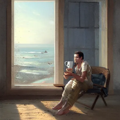 Prompt: a painting of a man sitting down and having a cup of tea in his house by the beach, by greg rutkowski, b - - width 7 6 8