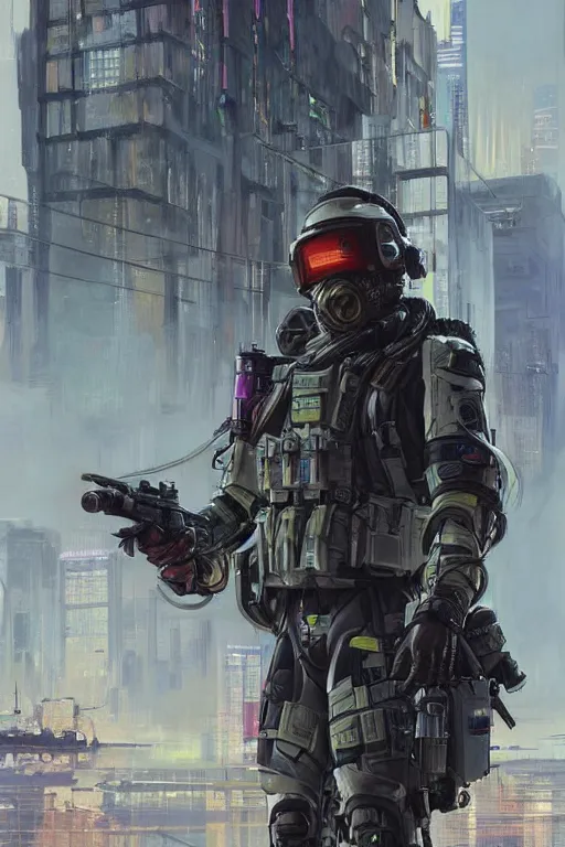 Image similar to Hosea. USN special forces futuristic recon operator, cyberpunk military hazmat exo-suit, on patrol in the Australian autonomous zone, deserted city skyline. 2087. Concept art by James Gurney and Alphonso Mucha