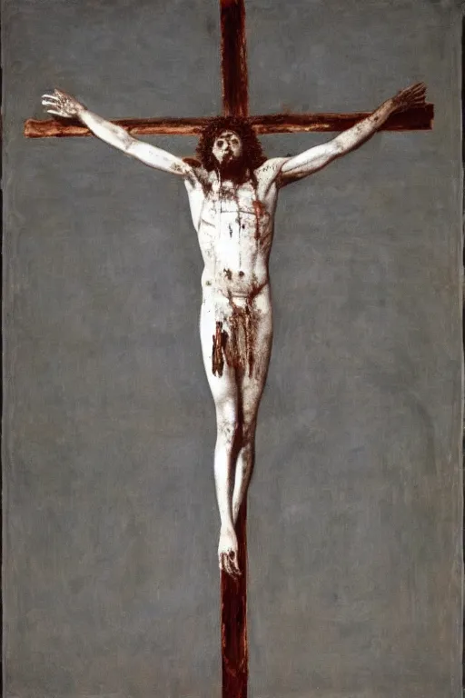 Prompt: bloody christ crucified and the light of god in the sky painted by cy twombly and andy warhol