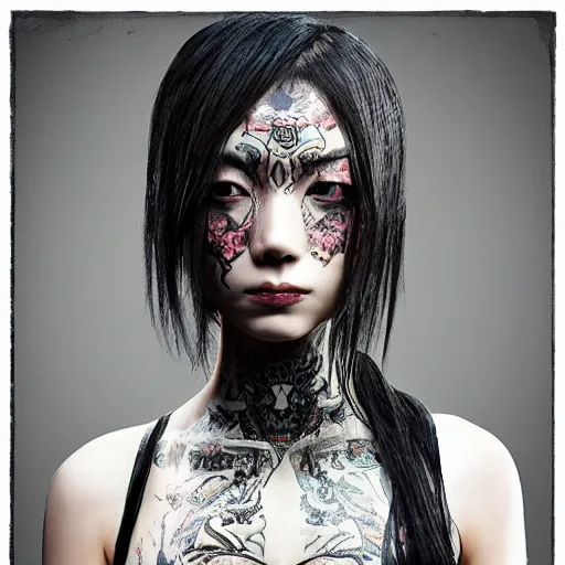 Image similar to japanese gothic model with maximalist hair style and kanji tattoos, dark colors, fashion model, portrait shot, depth of field, 8 k, hyper detailed, intricate, trending on artstation