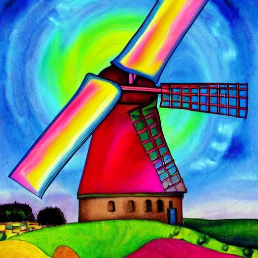 Image similar to bosch painting of a windmill using lisa frank colors