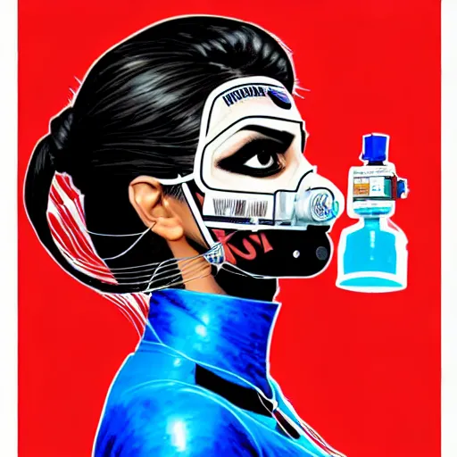 Prompt: a profile photo of a pakistani woman with a diving oxygen mask with side profile blood in ocean intricate details by MARVEL comics and Sandra Chevrier-C