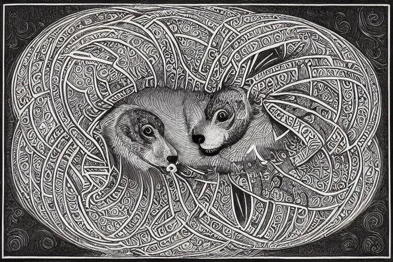 Image similar to an ornate illustration in the styles of mandalas and fractals, the styles of escher and penrose, depicting a weasel staring deep into the heart of the impossible all - and - nothing of the emerging singularity ; / what has god wrought? / he seems to be whispering.