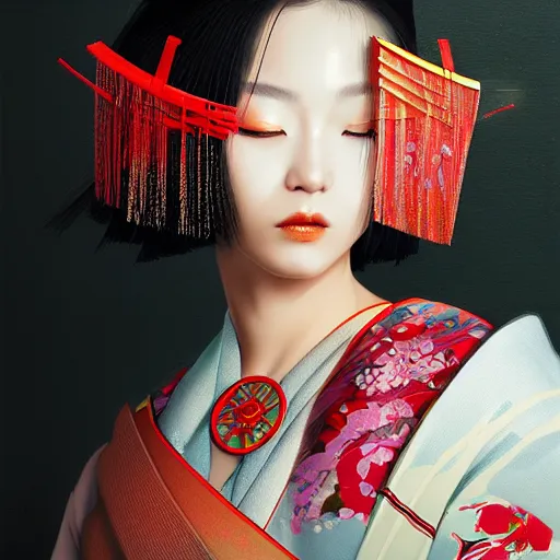 Prompt: portrait of beautiful japan cyberpunk geisha, by nick silva, ja mong, greg rutkowsky, digital, soft painting, photorealism, skin reflections