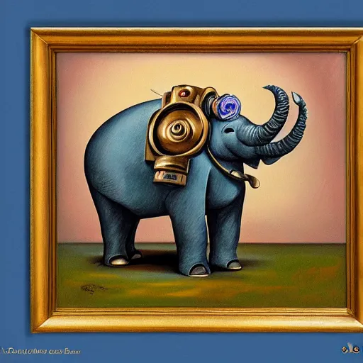 Image similar to surrealist painting of a steampunk elephant