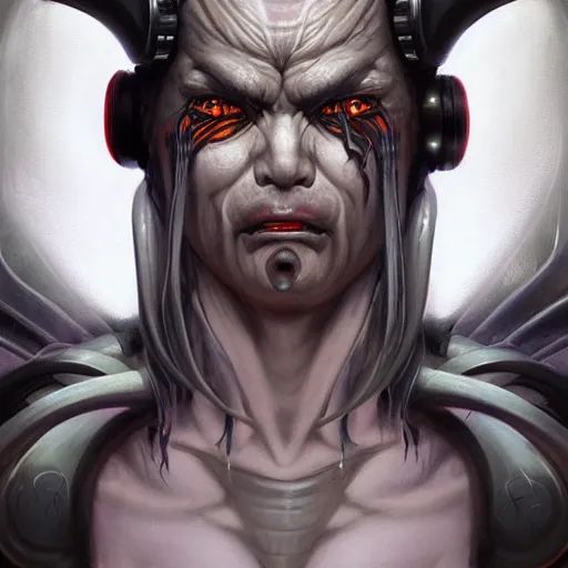 Image similar to portrait, cyberpunk japanese oni demon with horns and circuitry, augmented, stern expression, long hair, highly detailed, digital painting, artstation, concept art, smooth, sharp focus, illustration, artgerm, tomasz alen kopera, peter mohrbacher, donato giancola, joseph christian leyendecker, wlop, frank frazetta