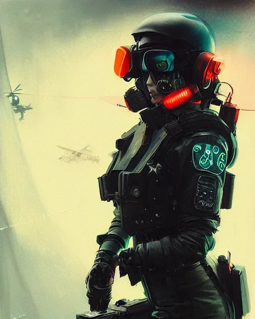 Image similar to detailed neon female swat officer flying a plane, cyberpunk futuristic, neon, reflective puffy coat, decorated with traditional japanese by ismail inceoglu dragan bibin hans thoma greg rutkowski alexandros pyromallis nekro rene margitte, aerial view, illustrated, perfect face, fine details, realistic shaded, fine - face, pretty face