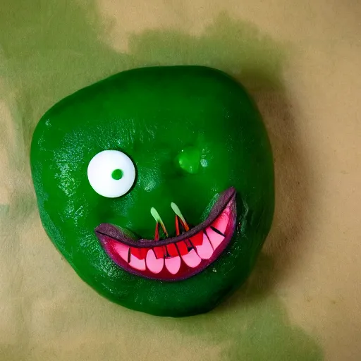 Image similar to Green Sausage with eyes and fangs