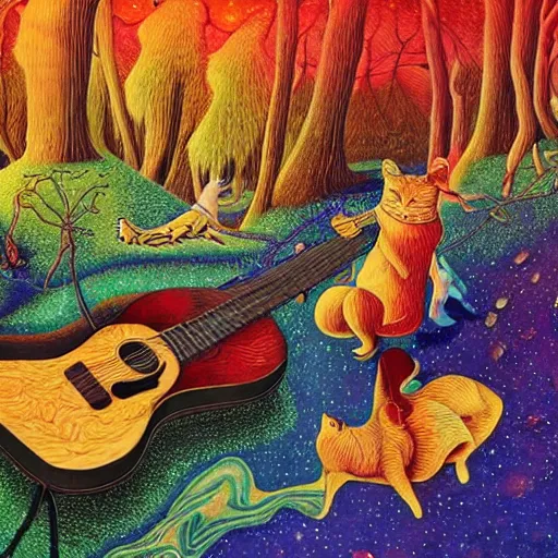 Image similar to psychedelic couch sofa in the pine forest, guitar, milky way, designed by moebius, rob gonsalves, gustav dore, giuseppe arcimboldo and carl barks, louis wain, trending on artstation, canada, star, sharp focus, colorful refracted sparkles and lines, soft light, 8 k 4 k
