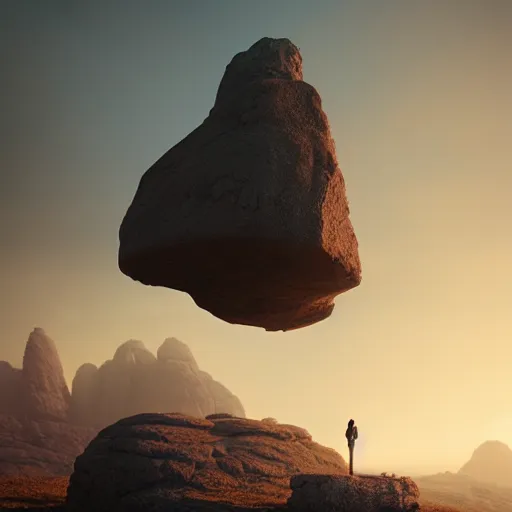 Prompt: a man standing in front of a giant rock, a matte painting by mike winkelmann, cgsociety, fantasy art, matte painting, matte drawing, cryengine