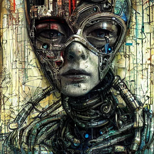Prompt: human 3 d by pantokrator, woman head made of mech mask rendered in unreal engine, cyberpunk, dark, scifi, painted by david burliuk | bernard buffet | carne griffiths | stanislaw lem