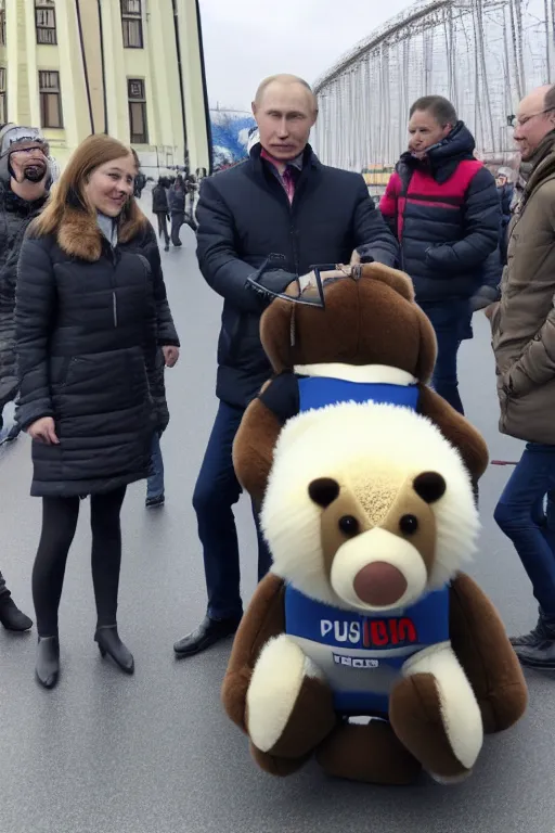 Prompt: a picture of putin ride robotic bear in moscow. - photorealistic, pullitzer winning, taken with canon eos 5 d mark iv, versatile, lens interoperability, autofocus, 4 k uhd video capture at 3 0 fps, 8 k time - lapse functions, by karah mew, jodie bateman