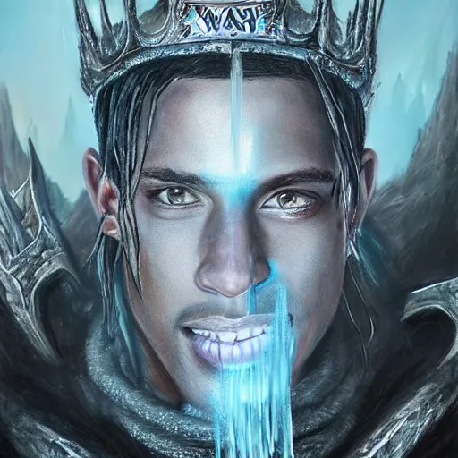 Prompt: a matte full likeness painting of travis scott face merged with the lich king wearing a crown made of ice, icey, world of warcraft, digital art, fantasy, realistic lighting, in the style of greg rutkowski