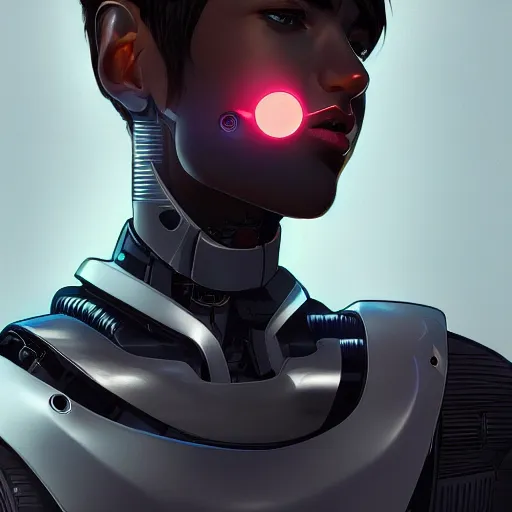 Image similar to portrait of cool boy with robot body by artgerm and ilya kuvshinov, close up, portrait, cinematic, elegant, artstation, intricate, highly detailed, digital painting, artstation, concept art, sharp focus, illustration, cyberpunk, cgsociety, 8 k