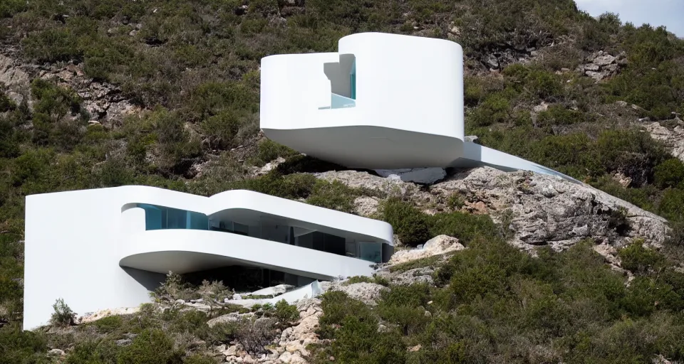 Prompt: a white futuristic house with modern design on the side of a mountain