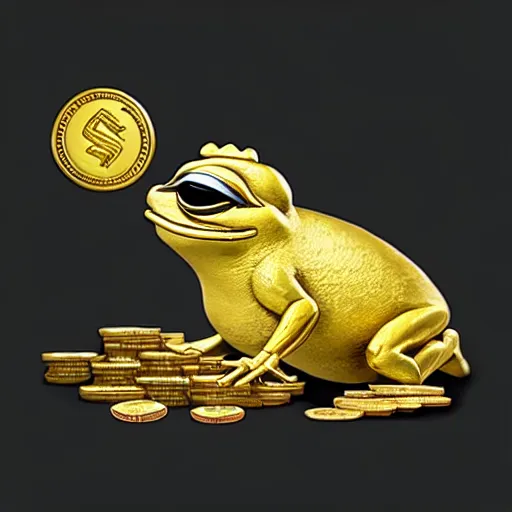 Image similar to super rich happy pepe, coins, gold, crystals, greg rutkowski