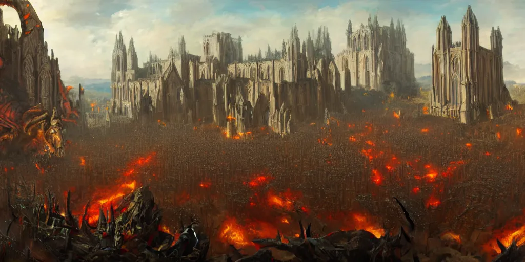 Image similar to highly detailed portrait painting of an ancient gods war battle, abbey warhammer battle, old abbey in the background, character in the foreground, cathedrals, giant columns, arcane magic summoning by liang xing, 8 k resolution