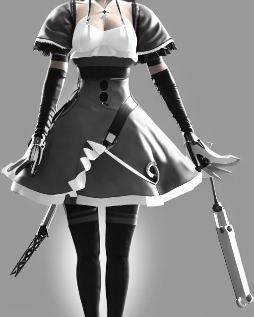 Image similar to 2B from NieR: Automata wearing a maid outfit, mechanical detail, cad, solidworks render