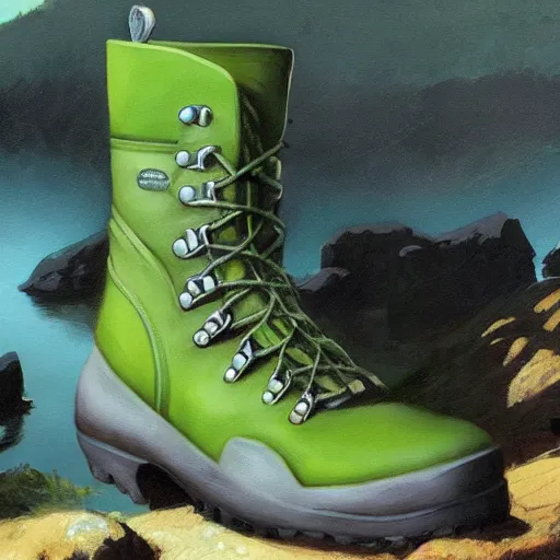 Image similar to water resistant green hiking boots, by Craig mullins, Steve Purcell, Ralph McQuarrie. Design. Fashion. Trending on artstation. Centered image, no background