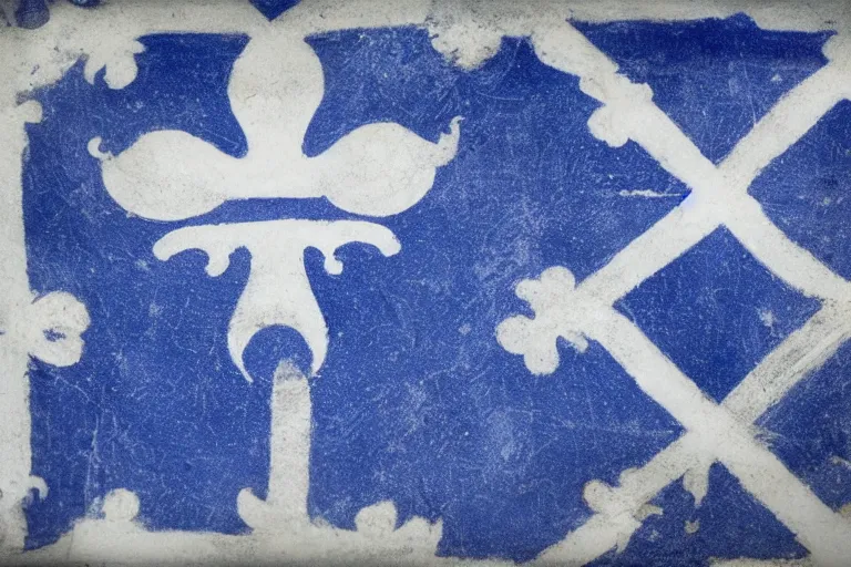 Prompt: blue flag with white cross and four white fleur-de-lys