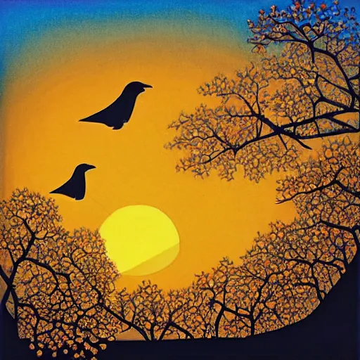 Image similar to birds on cherry tree, Changelingcore, serene, graceful, sunset photo at golden hour, Kodachrome, digital painting by M. C. Escher