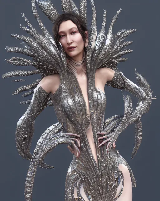 Image similar to a highly detailed metahuman 4 k close up render portraitof an alien goddess bella hadid as nymph in iris van herpen dress schiaparelli in diamonds crystals swarovski and jewelry iridescent in style of alphonse mucha gustav klimt trending on artstation made in unreal engine 4