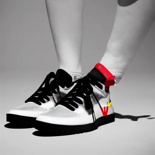 Image similar to a studio photoshoot of A Nike sneaker designed by Virgil Abloh and Louis Vuitton, Off-White, realistic, color film photography by Tlyer Mitchell, 35 mm, graflex