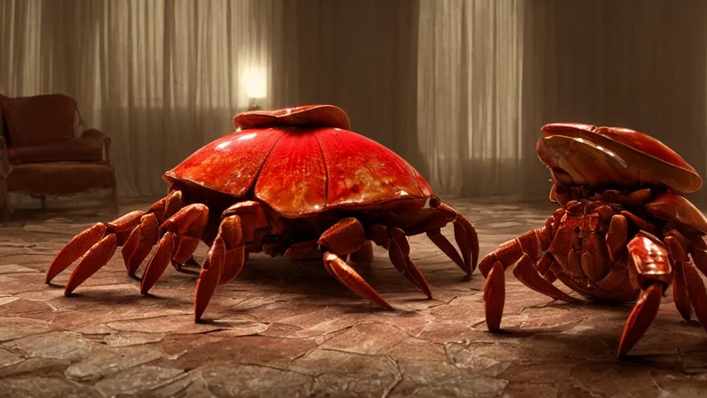 Prompt: a giant hermit crab made of blood and fire floats through the living room, film still from the movie directed by Denis Villeneuve with art direction by Salvador Dalí, wide lens