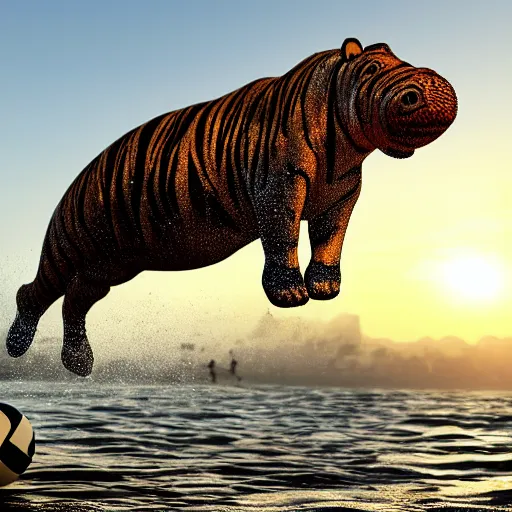 Image similar to a closeup photorealistic photograph of a cute stylish tiger hippo playing volleyball at the beach during sunset. Surf in the background. This 4K HD image is Trending on Artstation, featured on Behance, well-rendered, extra crisp, features intricate detail and the style of Unreal Engine.