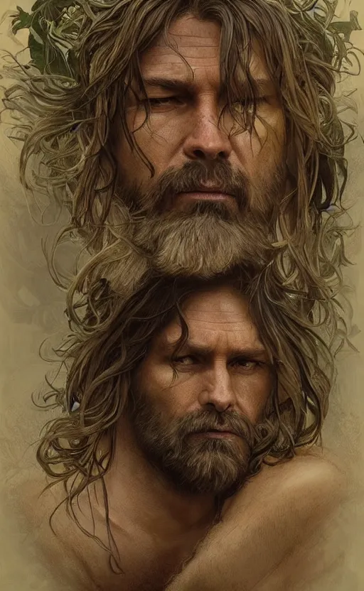 Image similar to portrait of the god of the forest, 40 years old, long hair, rugged, male, gorgeous, detailed face, amazing, exposed thighs!!!!!!, muscular, intricate, highly detailed, digital painting, artstation, concept art, sharp focus, illustration, art by greg rutkowski and alphonse mucha