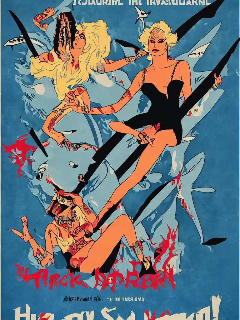 Image similar to propaganda poster for a shark glam rock star drag queen in hell, concert poster